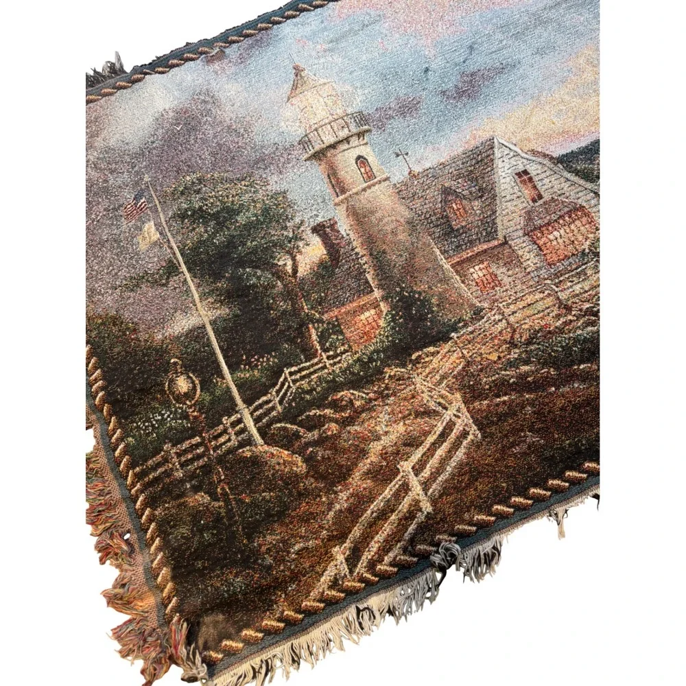 Thomas Kinkade Lighthouse Woven Throw Blanket‎ Tapestry 40x59 Coastal Cottage
